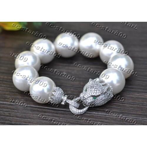 Z11401 8" 20mm Round White South Sea Shell Pearl Bracelet Cougar CZ