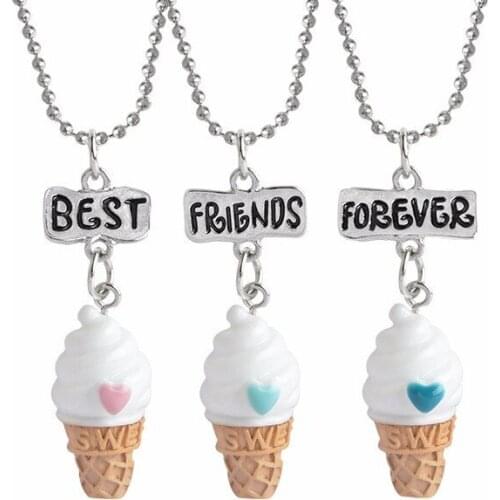 Children Best Friend Necklace Pink Heart Ice Cream Pendant BFF 3 Necklace Friendship Jewelry Gifts For Kids 10 Set