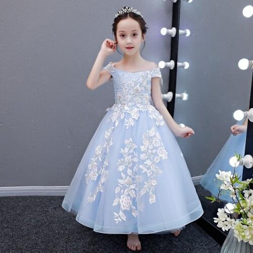 Flower Girl Dresses Illusion Sequined Beading Off The Shoulder Princess Floor-Length Tulle Embroidery Lace Kids Party Gown H207