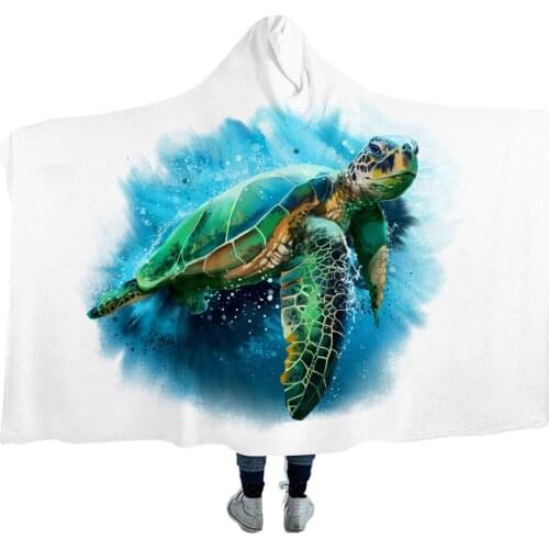 Turtles Hooded Blanket Marine Animal Tortoise Sherpa Fleece Wearable Throw Blanket Adult Kids Blue Green Bedding