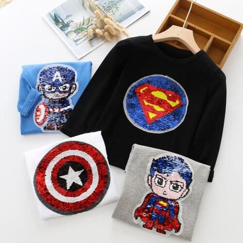 Fall 2021 Boys 3-8 Years Old T-shirt Disney Captain America Cartoon Round Neck Trendy Brand Long Sleeve Top Change Face