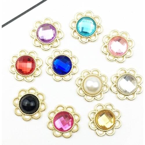 10pcs/lot 15mm*15mm Gold Round Acrylic Buttons Hair Alloy Bride Girls Tiara Shoes Clothing Gift Box diy Jewelry Accessories
