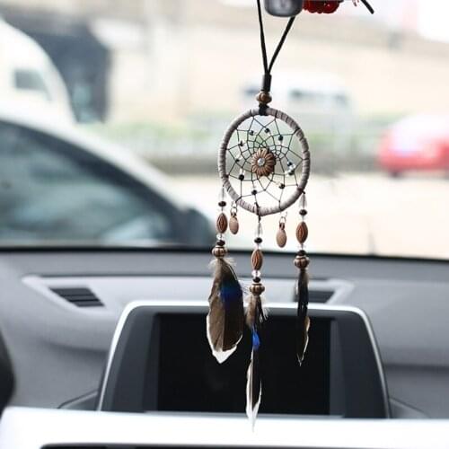 Mini Car Dream Catcher Beaded Natural Feathers Handcraft Chic Hanging Ornaments Mirror Bedroom Wall Decor Native Ring