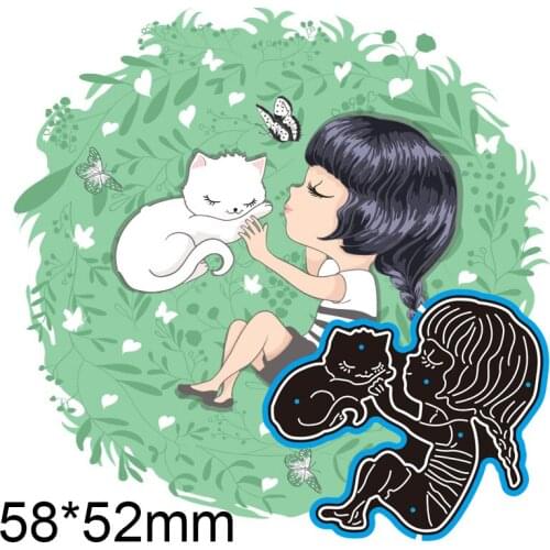 New Metal Cutting Dies Scrapbooking Girl and Cat DIY Album Paper Craft Embossing Stencil Decoration 58*52mm
