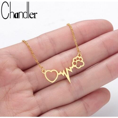 Chandler Stainless Steel Cats Paws Love Heart Pendant Necklace ECG Lightning Collars Wedding Engagement Fashion Animal Jewelry