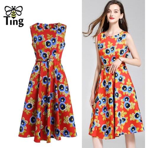 Tingfly Vintage Dress For Women Short Sleeve High Waist A Line Midi Flower Printing Dresses Females 2021 Clothing Plus Size Za
