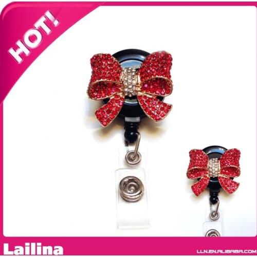 Red Rhinestone Bow ID Badge Holder Retractable Reel