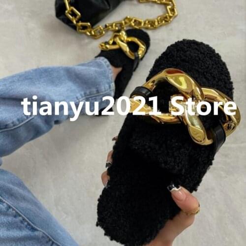 2021 women home all-match lamb wool Baotou half-tow female outer wear metal double buckle flat-bottomed fur large chain slippers