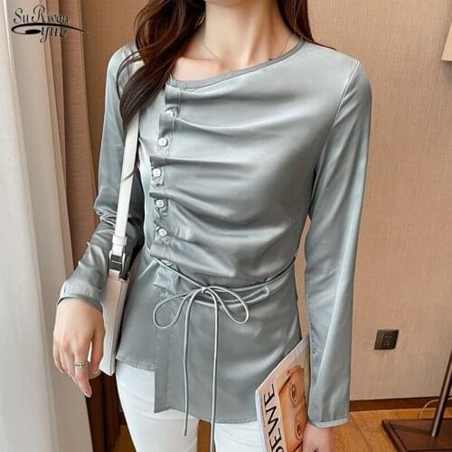 Silk Folds Fresh Top Women Long-sleeved Niche Shell Buckle Temperament All-match Woman Blouse Mulberry Silk Elegant Shirt 16498
