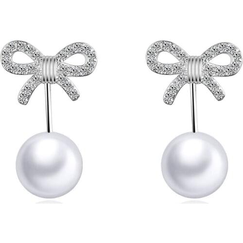 Silver Earring 2017 New Fashion Design Shiny Zircon Bowknot Pearl 925 Sterling Silver Stud Earrings for Women Gift Wholesale Hot