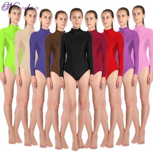 Women Long Sleeve High Neck Ballet Leotard Turtleneck Shiny Metallic Dance Bodysuit Gymnastic Leotard Unitard Adult Dancewear
