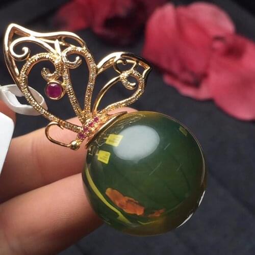 19322 Fine Jewelry Trendy Real 18K Rose Gold Natural Blue Amber Beeswax Fine Pendant Necklace for women Fine Gifts