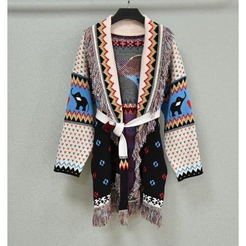 Autumn Winter Womens High Quality Vintage tassels Belt Knitted coat Chic Cashmere cardigans Top B921