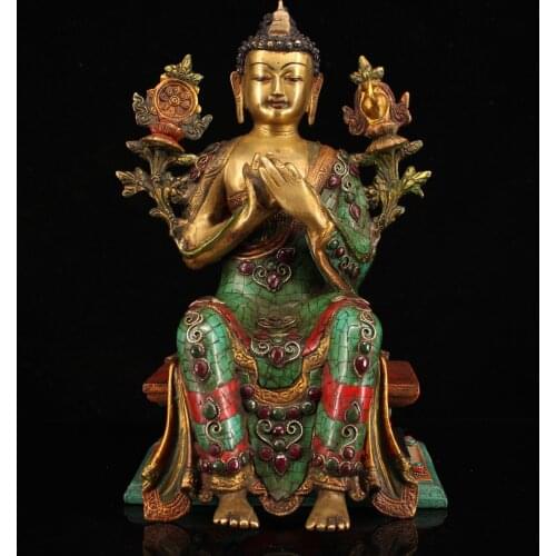 13"Nepal temple collection Old Bronze outline in gold Painted mosaic Gem Shakyamuni Buddha Bench buddha Enshrine the Buddha