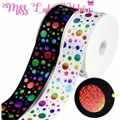 3"75mm Rainbow Hologram Foil Dots Printed Solid Grosgrain Ribbon Geometric Pattern DIY Bowknots Hair Band Making 50yards/roll
