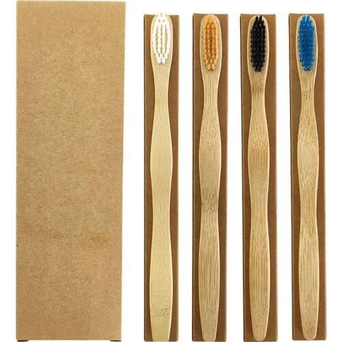 4 PCS Colorful Bristles Head Bamboo Toothbrush Wholesale Environment Wooden Rainbow Bamboo Toothbrush Oral Care Soft Bristle