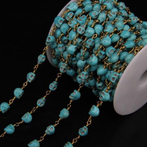 5Meter,Brass Wire Wrapped Link Turquoises Skull Chain,Blue Turquoises Skull Rosary Chains Necklace Fashion Jewelry,6x8mm