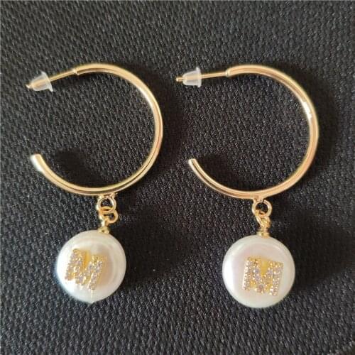 5pairs Freshwater Pearl Bead Tiny Gold Cz 26 Alphabet Letters Name Charms Pendant Women Hoop Earring For Girls Gift