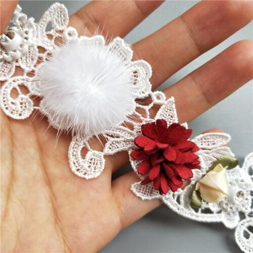 5x White Pompom Red Flower Diamond Embroidered Lace Trim Ribbon Fabric Handmade Sewing Supplies Craft For Costume Decoration