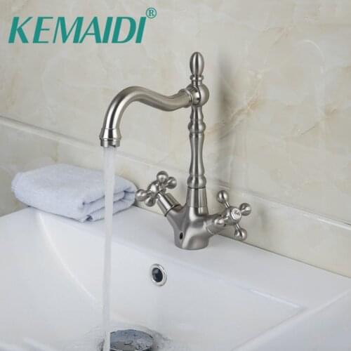 KEMAIDI Solid Brass Nickel Brushed Swivel Hot And Cold Mixer Bathroom Faucet Tap 2 Handles Basin Faucet Bathroom Sink Mixer