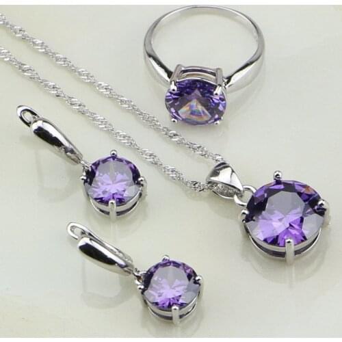 Trendy Round Purple Cubic Zirconia 925 Sterling Silver Bridal Jewelry Sets For Women Wedding Earrings/Pendant/Necklace/Ring