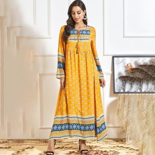 Muslim dress Fashion autumn womens clothing positioning printing ethnic casual comfortable dress long skirt Abaya Dubai Dresses