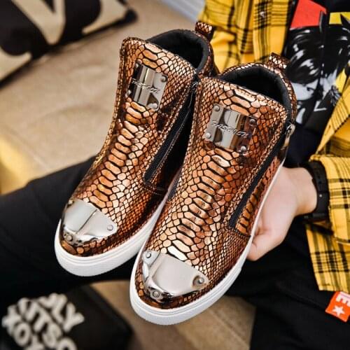 2021 Hot High Top Men Gold Sneakers Spring Autumn Fashion Bling Men Casual Shoes Zipper Design Man Platform Shoes Zapatos Hombre