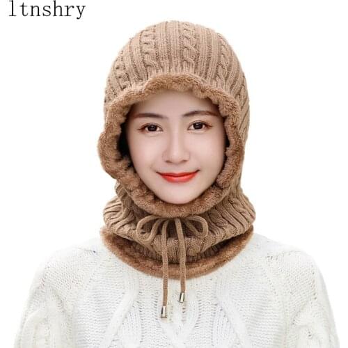 2020 New Simple Woman Skullies Beanies Riding Windproof Mask Ear Protect Balaclava Winter Hats For Women Thick Warm Knitted Cap