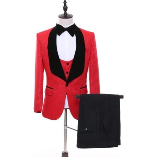 New Arrival One Button Red Paisley Groom Tuxedos Groomsmen Shawl Lapel Mens Suits Blazers (Jacket+Pants+Vest+Tie) W:1249