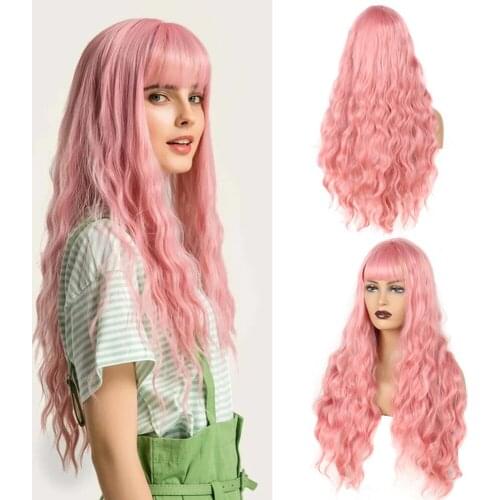 28" Long Wavy Wigs With Bangs Synthetic Pink Wig Hairpieces Middle Part African American Cosplay Daily Party Heat Resistant Wig