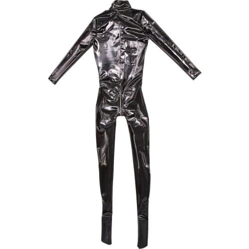 Sexy Women PVC Shiny Full Bodysuit PU Faux Latex Wet Look Catsuit Zipper Open Crotch Bodysuit Bodycon Jumpsuit One Piece Leotard