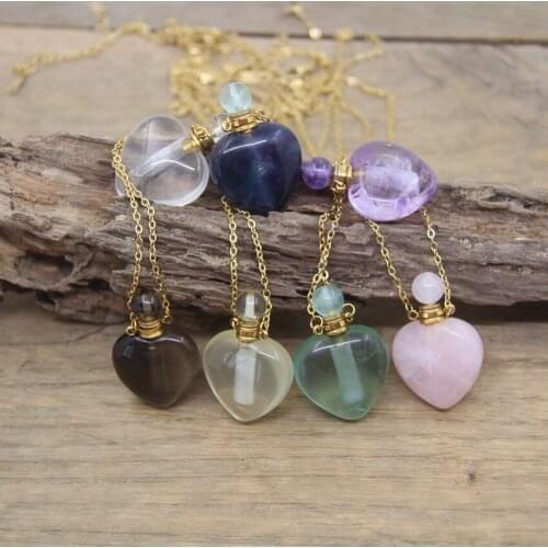 Heart Shaped Crystal Fluorite Perfume Bottle Pendants Golden Necklaces Quartz Essential Oil Vial Charms Chains Jewelry QC1022