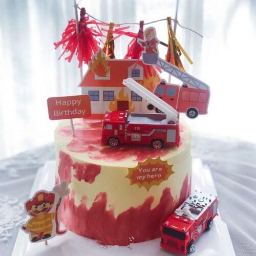 Fireman Set Fire Ladder Truck Decoration for Childrens Day Water Tank Happy Birthday Cake Toppers Party Supplies Fashion Gifts