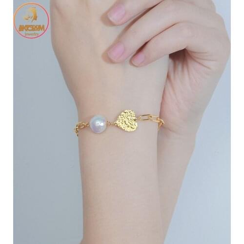 Akizoom Simple Heart Pearl Bracelet Fashion Stainless Steel Chain Bangles For Women Girl Unisex Wrist Jewelry Birthday Gift