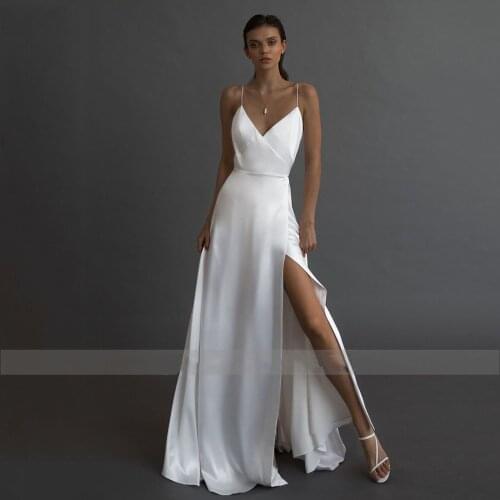 Simple White Wedding Dresses Sexy V-Neck Side Thigh-Slit Spaghetti Straps Bride Dresses Satin A-Line Wedding Gowns Floor Length