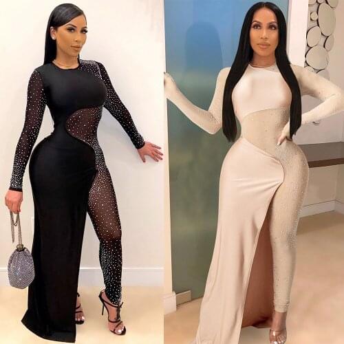 Full Sleeve Hot Drill Perspective Stitching Integrated Female Back Zipper Skirt Design Jumpsuit Sexy Nightwear