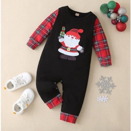 Christmas Baby Boy Romper Cotton Cartoon Cute Santa Claus Patchwork Plaid Long Sleeve Baby Girl Romper Cool Baby Clothes 0-18M
