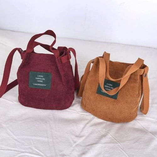 Vintage Canvas Handbags Corduroy Literary and Artistic Womens Shoulder Bag Simple Solid Color Buckle Handbag Bucket Cloth Bag