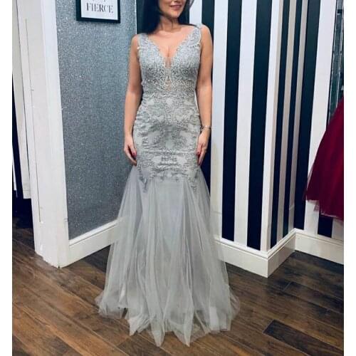 VKBRIDAL Long Mermaid Silver Beaded Prom Dresses Floor Length V-Neck Lace Up Back Formal Evening Homecoming Party Gowns