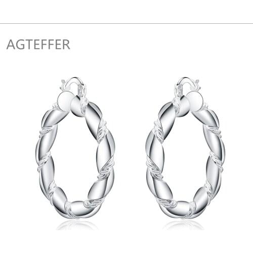 AGTEFFER 925 Sterling Silver Twisted Rope Loop 38mm Circle Hoop Earring For Woman Fashion Party Wedding Engagement Party Jewelry