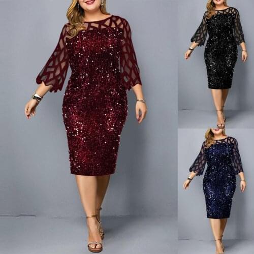 Womens Dresses Sequin Plus Size Summer Dress 2021 Elegant Mesh Sleeve Birthday Party Dress Wedding Evening Night Club Bodycon