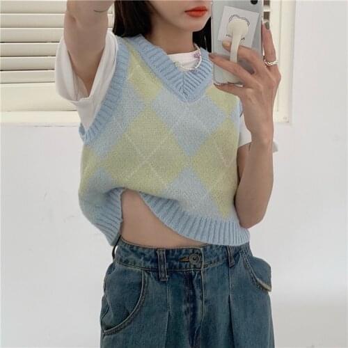 Retro V-neck Argyle Green Knitted Sweater Vest Women Summer 2021 Y2k Fashion Preppy Style Thin Short Sleeve Crop Top Streetwear