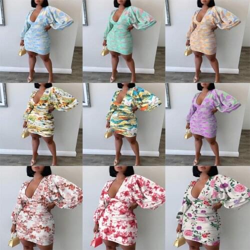 Women Floral Bodycon Mini Dress Long Sleeve Deep V Neck Skinny Dresses 2021 Autumn Tie Dye Sexy Party Dress