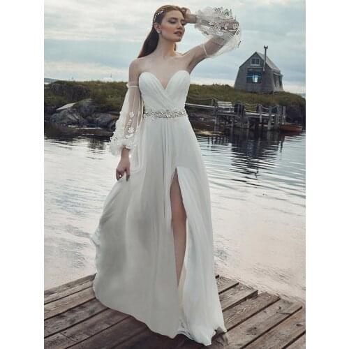 SSYFashion New Sexy White Beach Gown Sweetheart Flower Beading Evening Dress 3/4 Lantern Sleeve Long Formal Dresses Vestidos