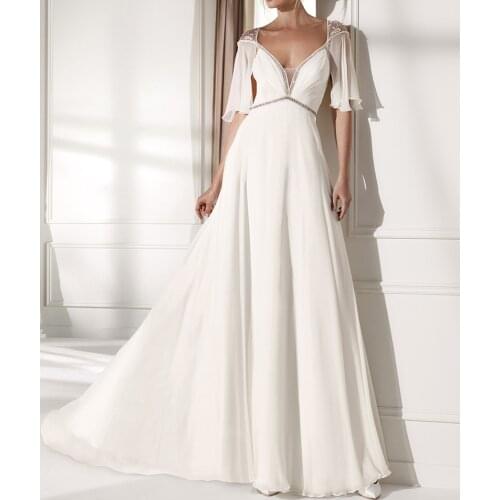 SSYFashion New High-end Evening Dress White Luxury V-neck Sequins Beading Sweep Train Long Beach Gowns Sexy Prom Formal Dresses