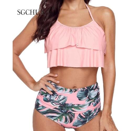 Sexy Push Up Pink Neck Tether Tabk Famle Ruffles Bandage Two Piece Print Swimsuit High Waist Bikini Bathing Suits Woman 2020