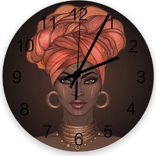 African Woman Headscarf Girl Earrings Wall Clock Wooden Modern Design Digital Clocks Home Living Room Wall Watch Decoration
