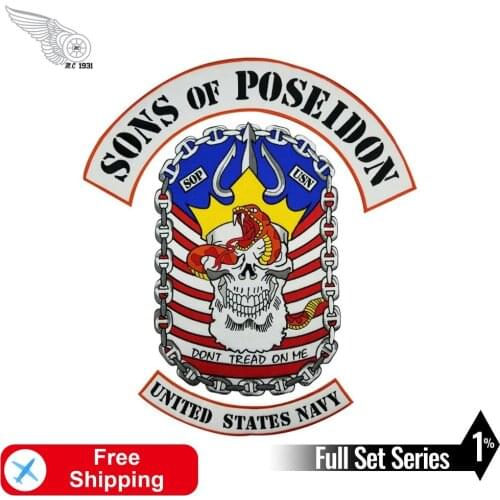 Sons of Posedidon Full Set Embroidery Iron on Patches for Cloth Applique MC Club Motorcycle Biker Decoration Jacket Accessories