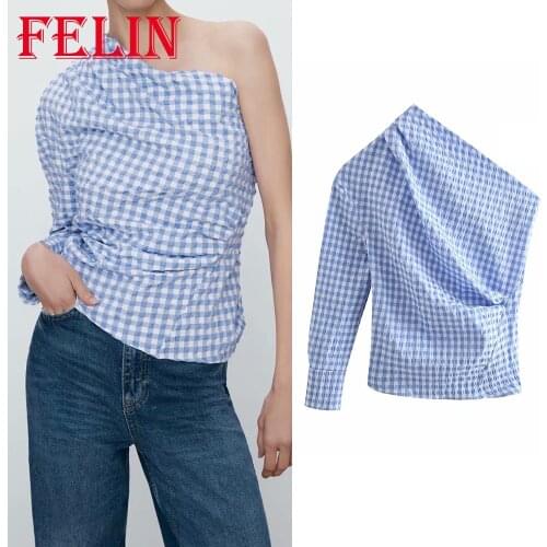 FELIN Za Off Shoulder Tops Women Plaid Print Vintage Pleated Blouses Fashion 2021 Elegant Chic Mujer Tops