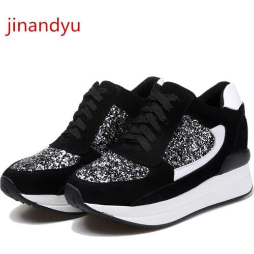 Bling Genuine Leather Casual Shoes Platform Wedge Sneakers Women Fashion High Heels Gray Red Black Shoes Woman Chunky Sneakers